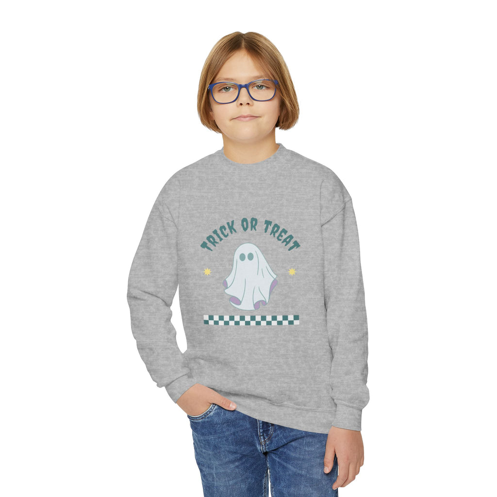 Youth Halloween Sweatshirt - 'Trick or Treat' Cute Ghost Crewneck