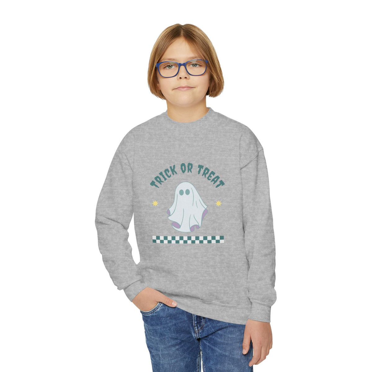 Youth Halloween Sweatshirt - 'Trick or Treat' Cute Ghost Crewneck