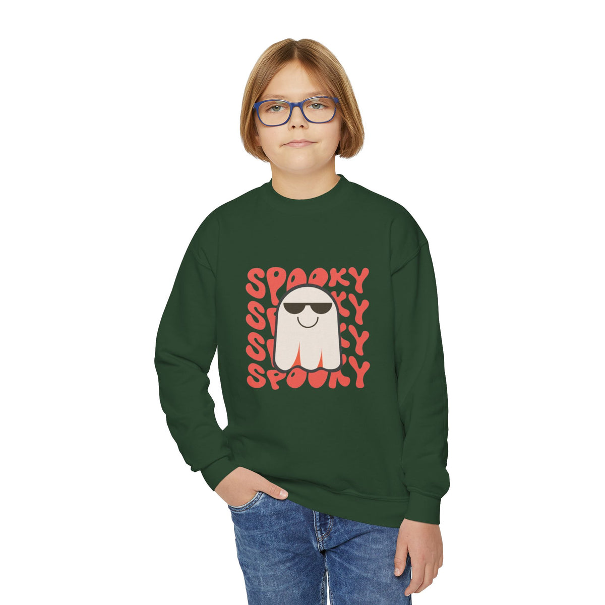 Youth Crewneck Sweatshirt — 'Spooky' Cool Ghost Kids Halloween Sweatshirt