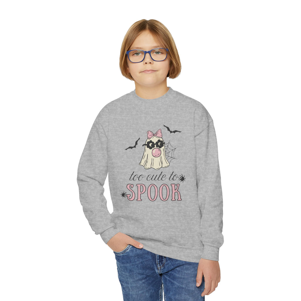 Youth Sweatshirt — "Too Cute to Spook" Halloween Ghost Crewneck