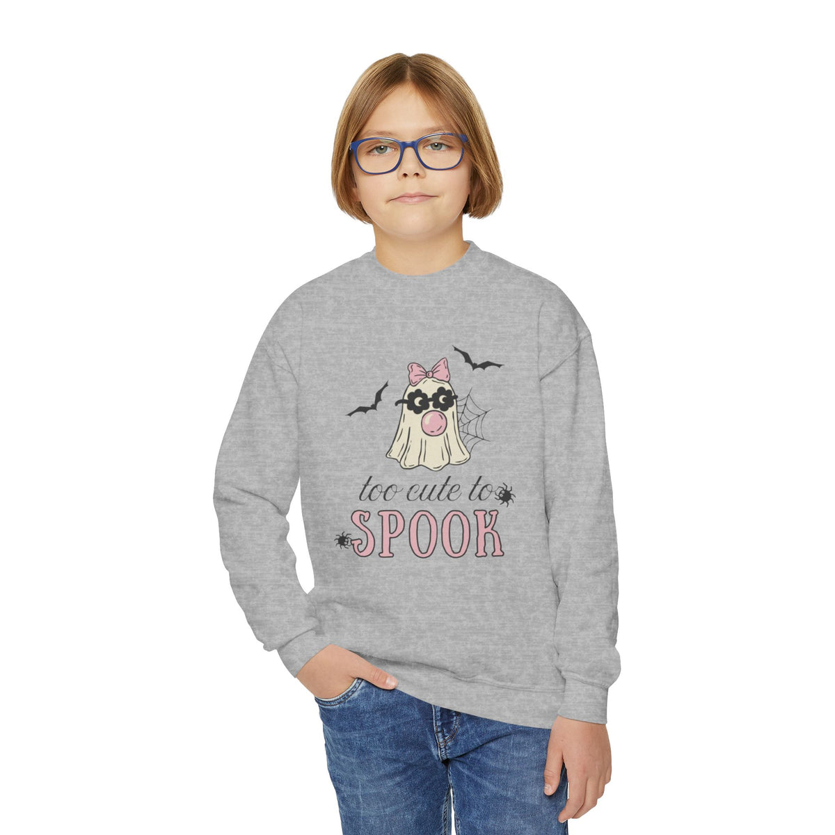 Youth Sweatshirt — "Too Cute to Spook" Halloween Ghost Crewneck