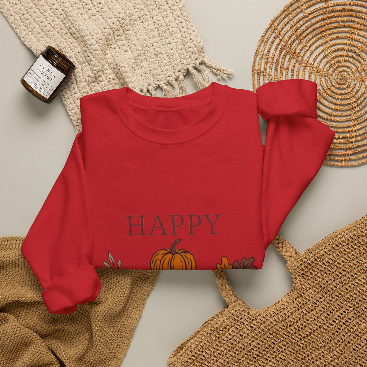 Happy Fall Crewneck Sweatshirt — Cozy Pumpkin & Autumn Leaves Pullover