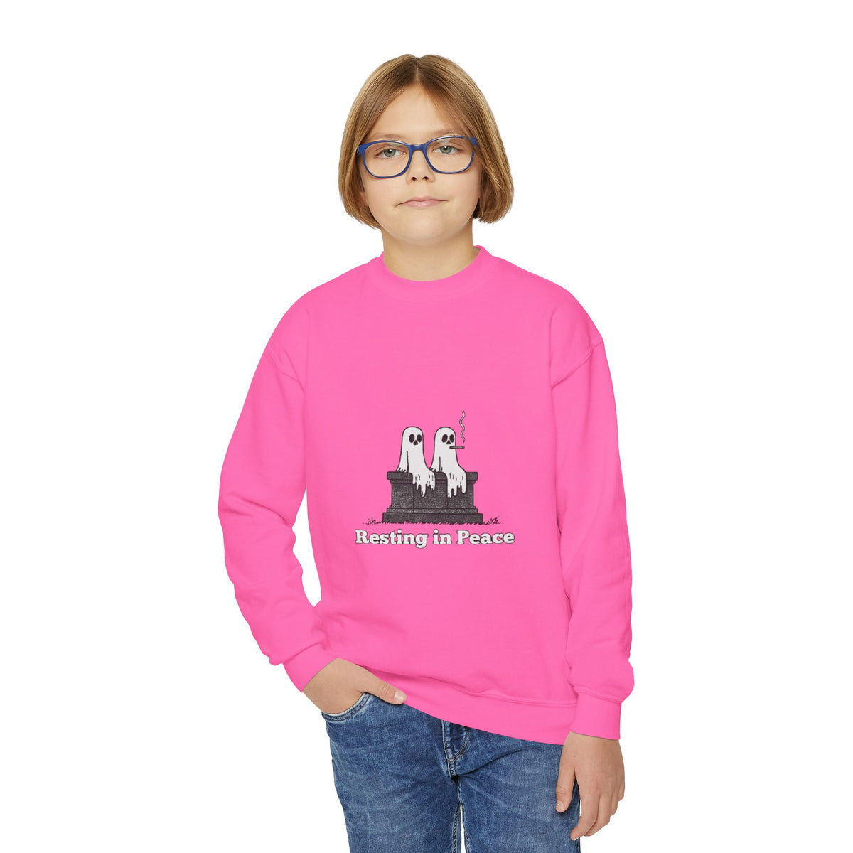 Youth Crewneck Sweatshirt — Cute Ghost Duo "Disturbing the Peace" Graphic