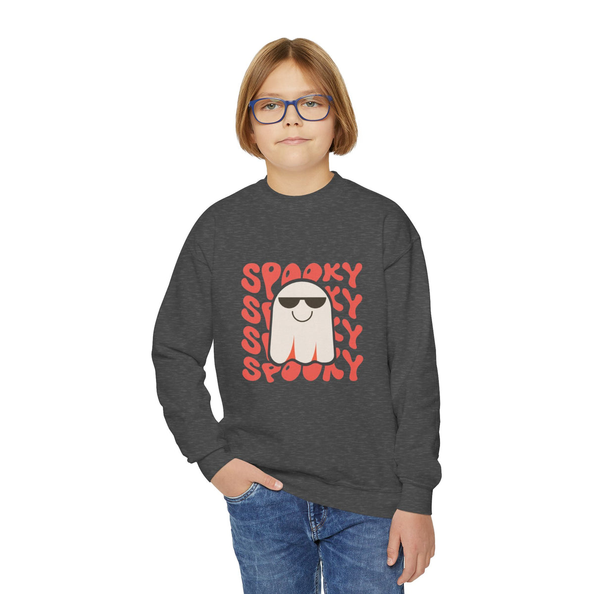 Youth Crewneck Sweatshirt — 'Spooky' Cool Ghost Kids Halloween Sweatshirt