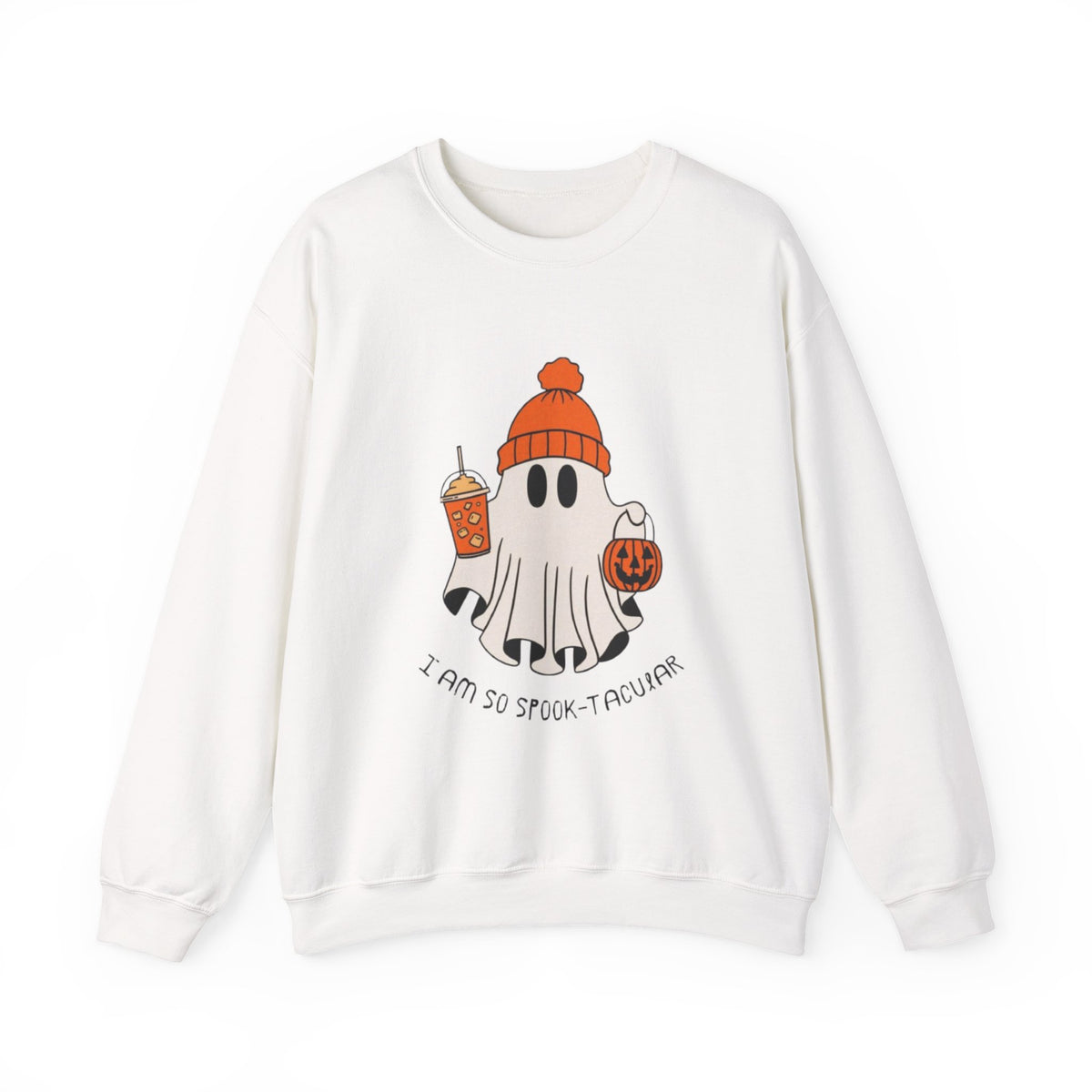 Spooky-Tacular Ghost Sweatshirt — Cute Halloween Ghost with Pumpkin & Coffee