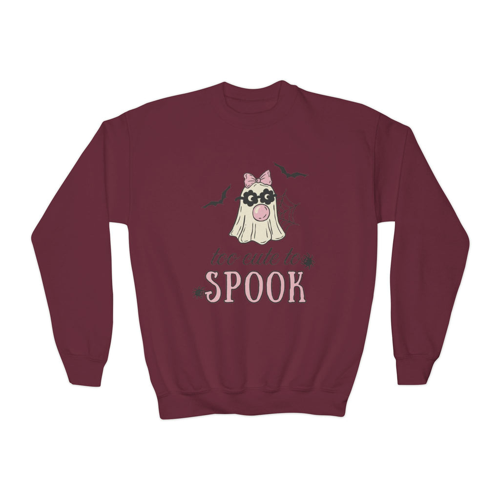 Youth Sweatshirt — "Too Cute to Spook" Halloween Ghost Crewneck