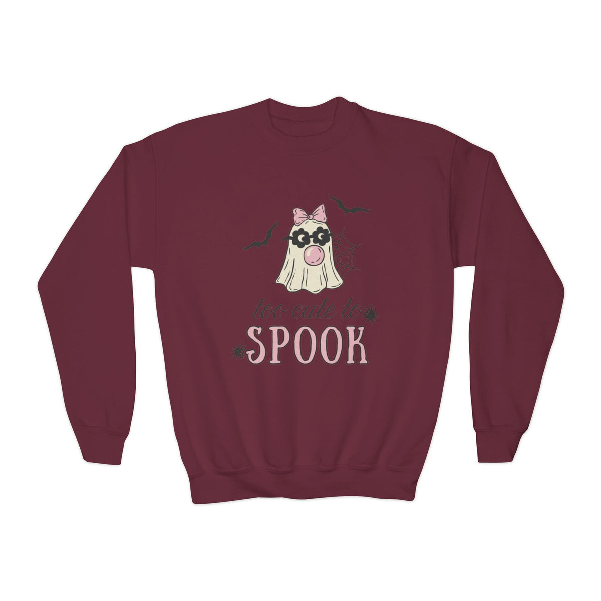Youth Sweatshirt — "Too Cute to Spook" Halloween Ghost Crewneck