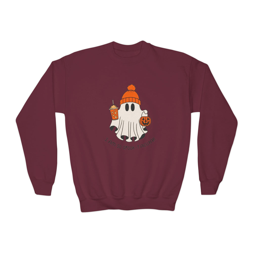 Youth Sweatshirt — Cute Ghost with Pumpkin & Pumpkin Spice ("I Am So Spook-Tacular")