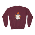 Youth Sweatshirt — Cute Ghost with Pumpkin & Pumpkin Spice ("I Am So Spook-Tacular")