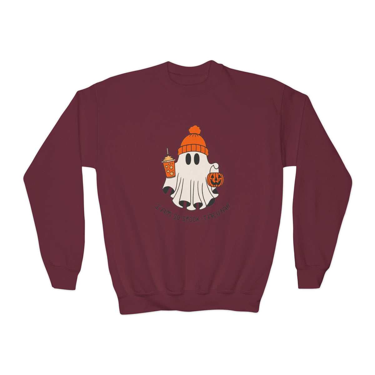 Youth Sweatshirt — Cute Ghost with Pumpkin & Pumpkin Spice ("I Am So Spook-Tacular")