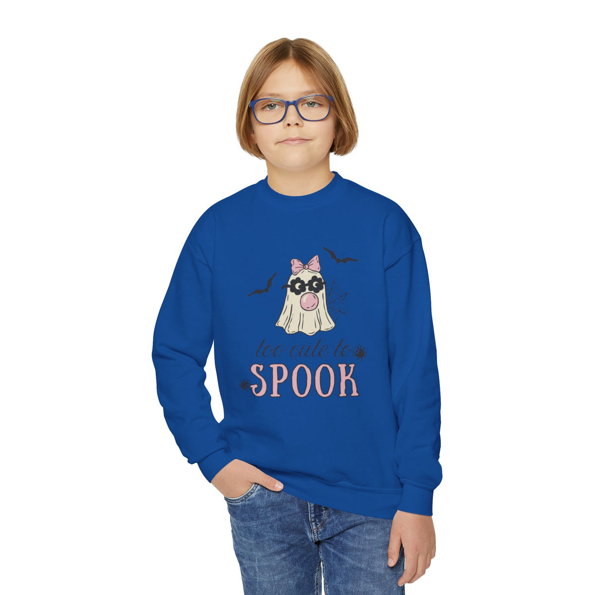 Youth Sweatshirt — "Too Cute to Spook" Halloween Ghost Crewneck