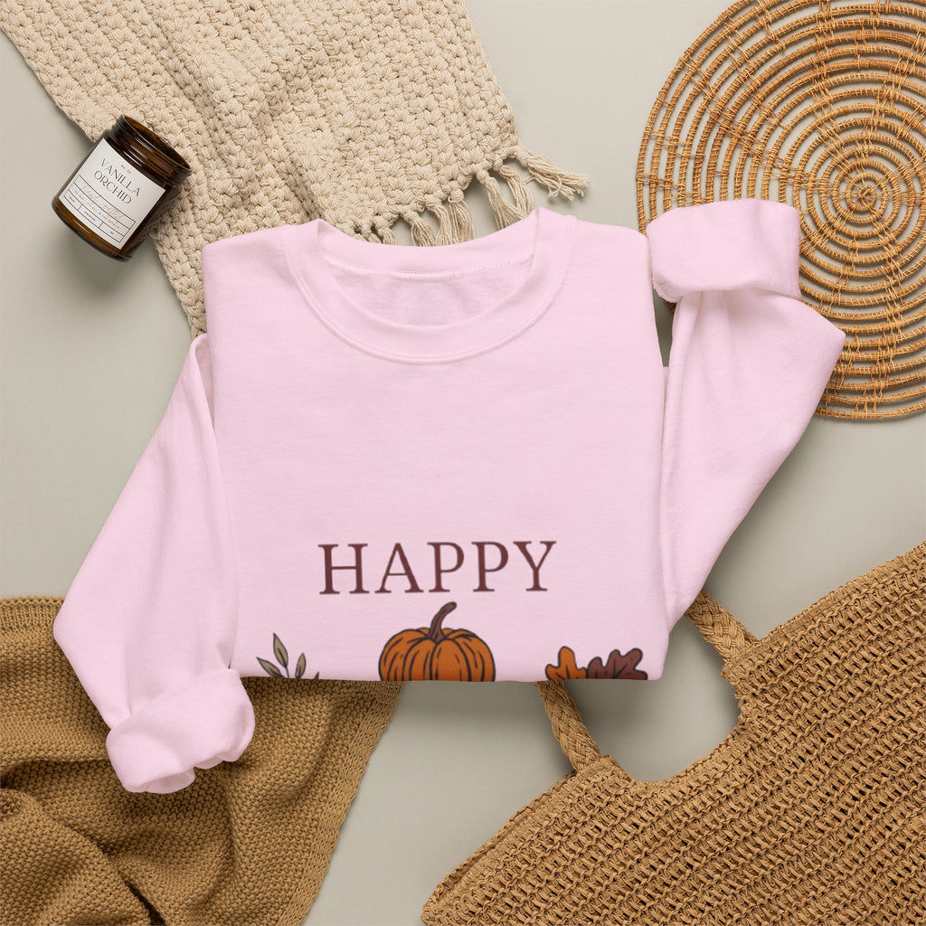 Happy Fall Crewneck Sweatshirt — Cozy Pumpkin & Autumn Leaves Pullover