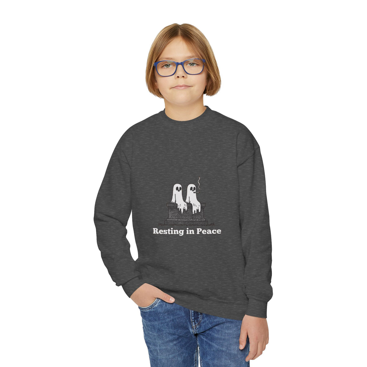 Youth Crewneck Sweatshirt — Cute Ghost Duo "Disturbing the Peace" Graphic