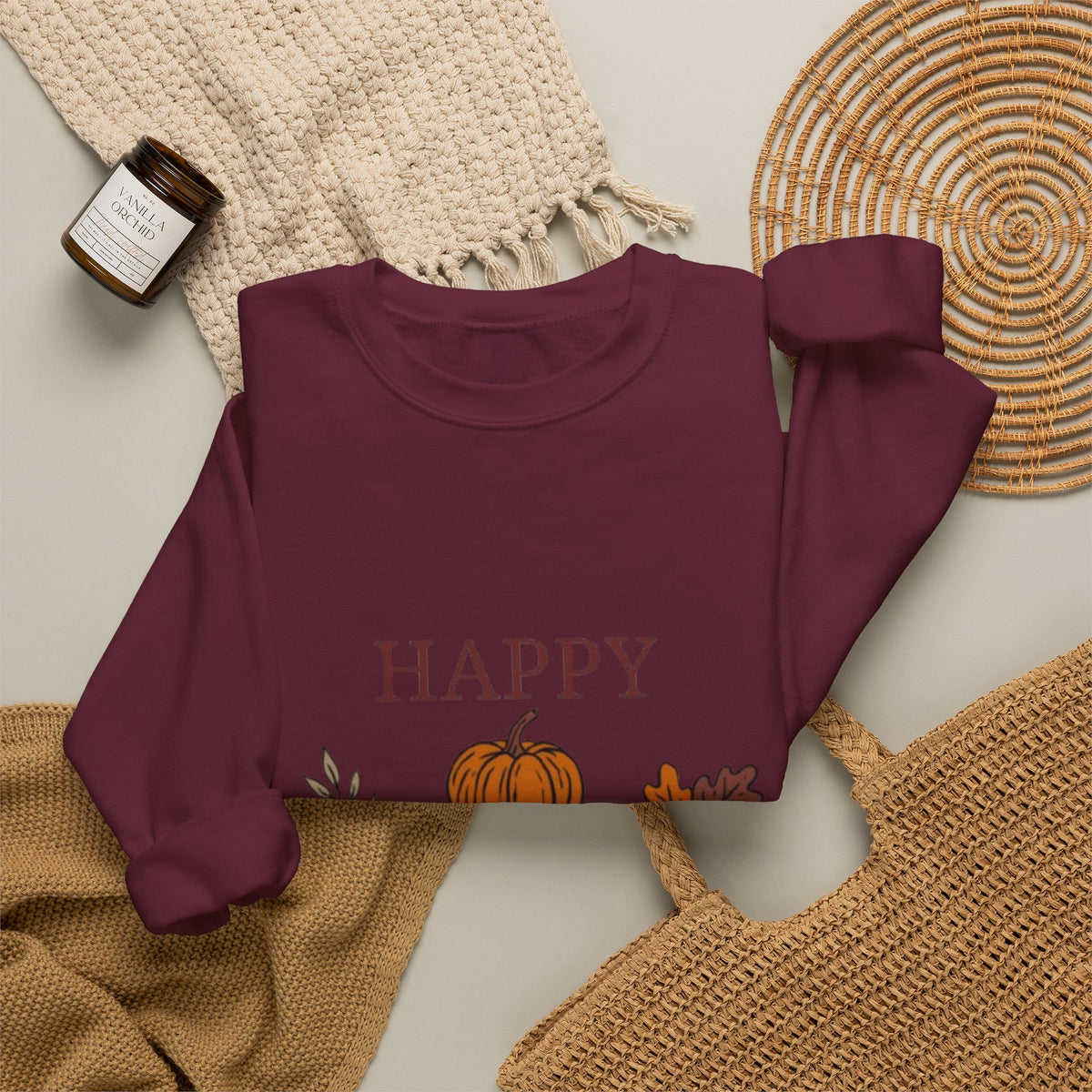 Happy Fall Crewneck Sweatshirt — Cozy Pumpkin & Autumn Leaves Pullover