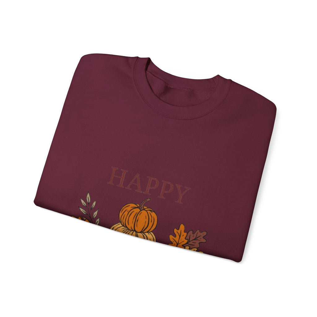 Happy Fall Crewneck Sweatshirt — Cozy Pumpkin & Autumn Leaves Pullover