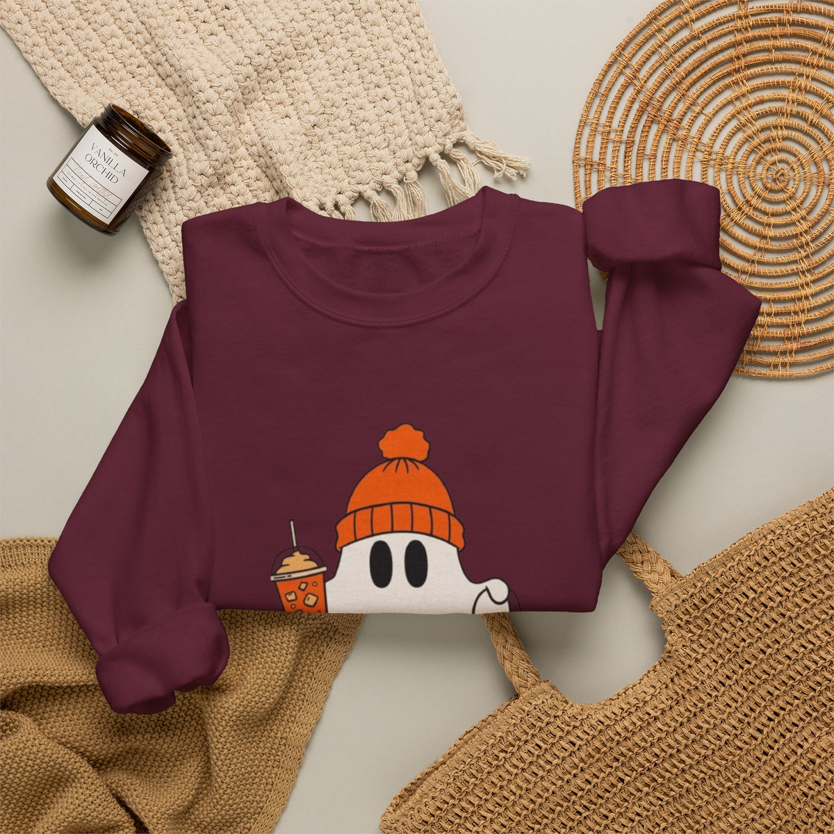 Spooky-Tacular Ghost Sweatshirt — Cute Halloween Ghost with Pumpkin & Coffee