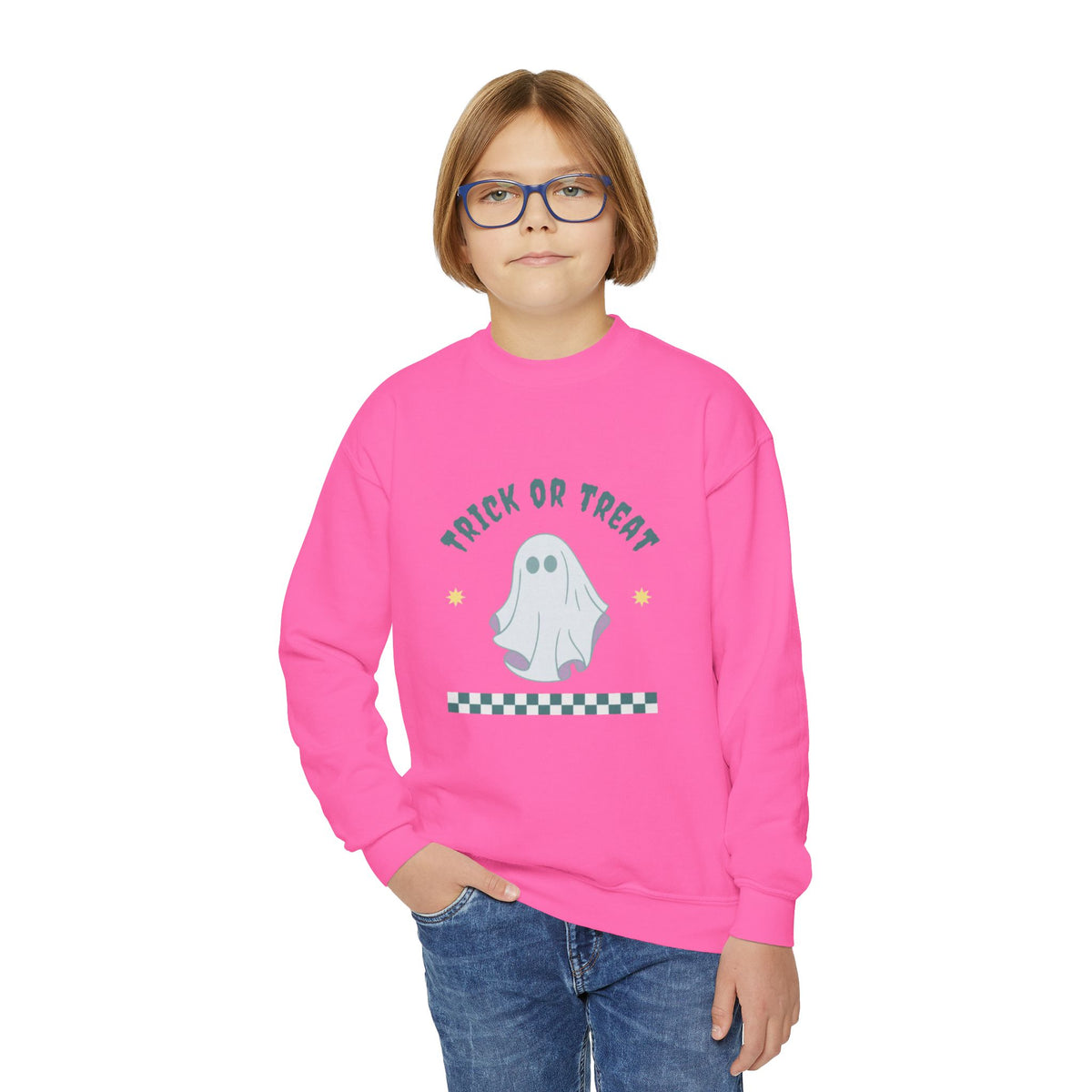 Youth Halloween Sweatshirt - 'Trick or Treat' Cute Ghost Crewneck