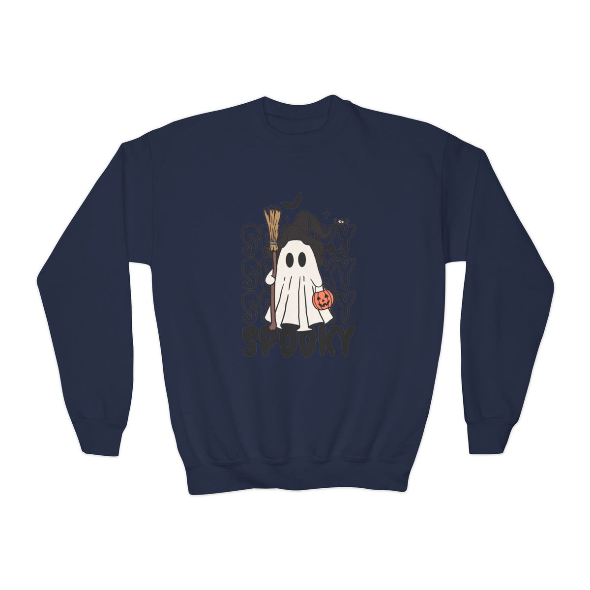 Youth Spooky Ghost Crewneck Sweatshirt — Halloween Kids Pullover