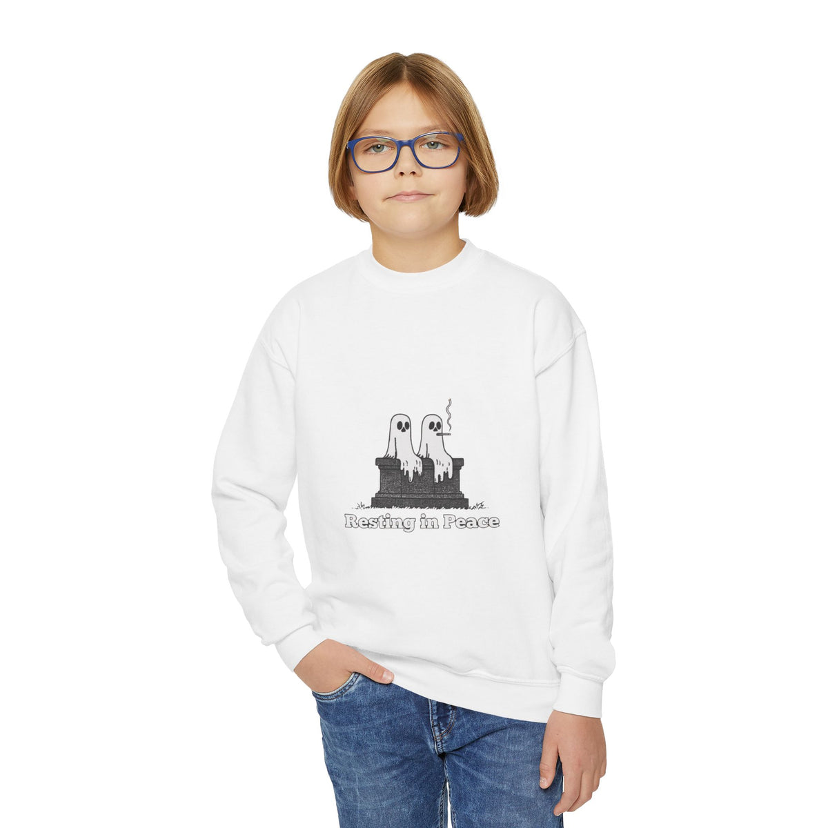 Youth Crewneck Sweatshirt — Cute Ghost Duo "Disturbing the Peace" Graphic