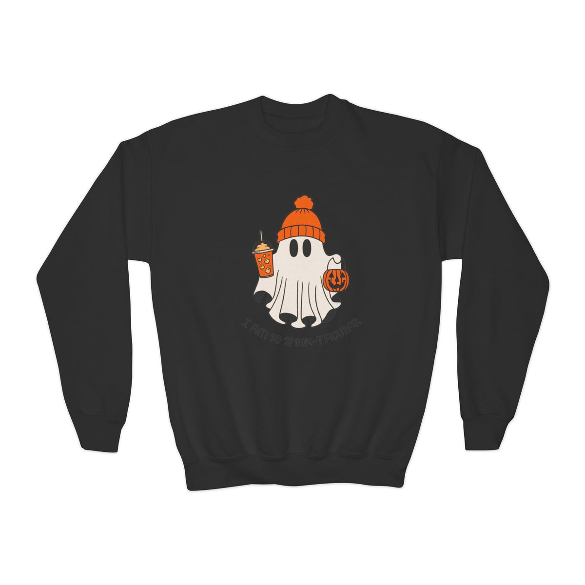 Youth Sweatshirt — Cute Ghost with Pumpkin & Pumpkin Spice ("I Am So Spook-Tacular")