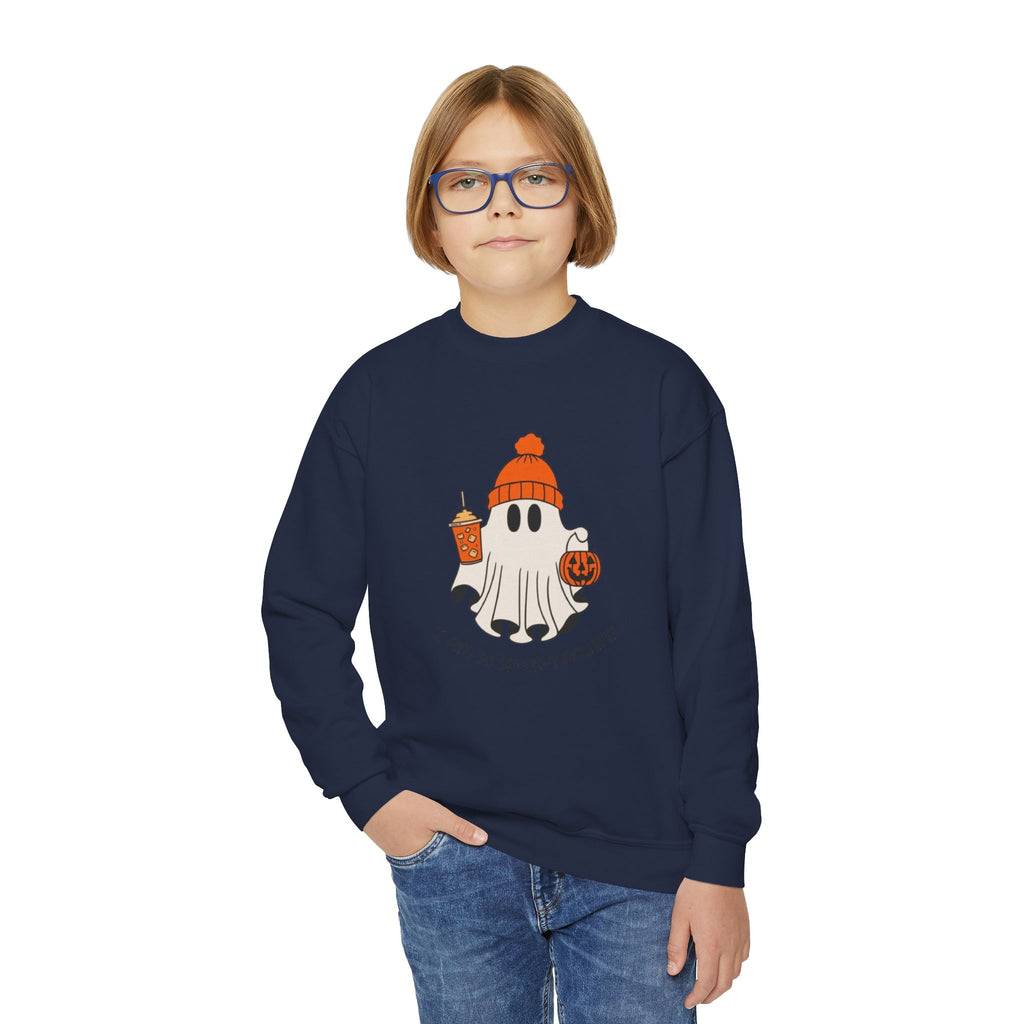 Youth Sweatshirt — Cute Ghost with Pumpkin & Pumpkin Spice ("I Am So Spook-Tacular")
