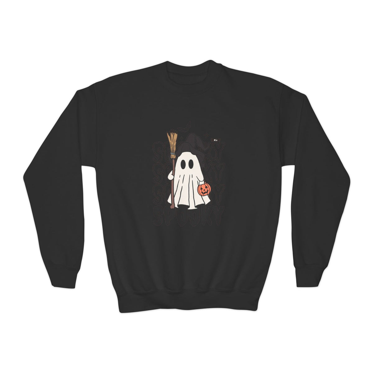 Youth Spooky Ghost Crewneck Sweatshirt — Halloween Kids Pullover