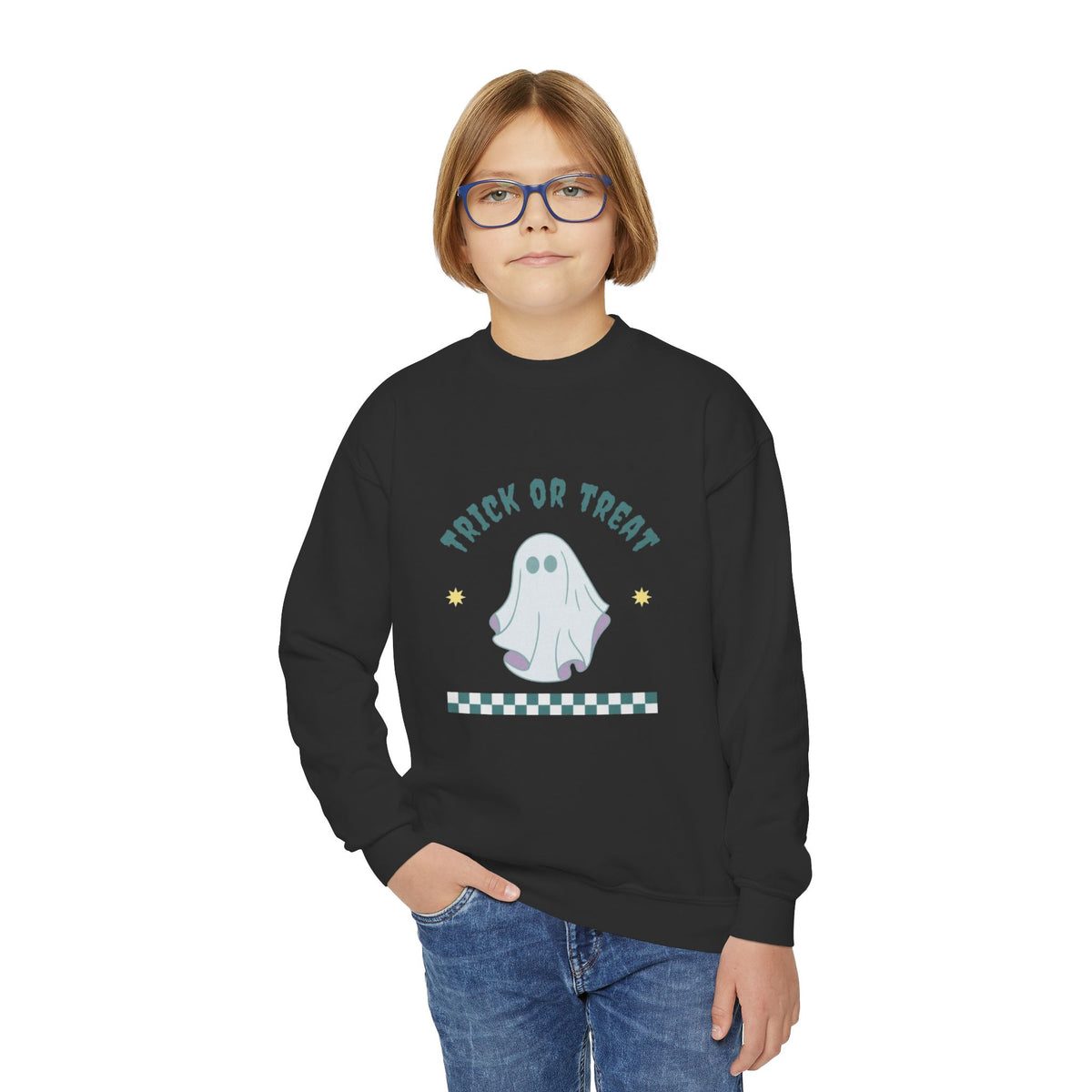 Youth Halloween Sweatshirt - 'Trick or Treat' Cute Ghost Crewneck