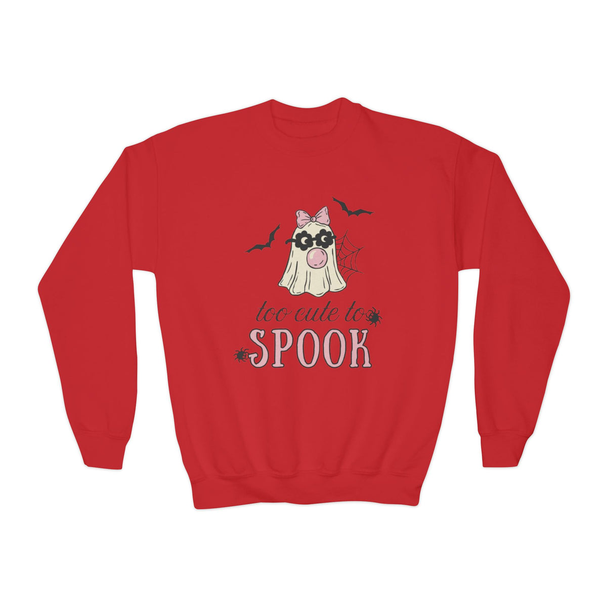 Youth Sweatshirt — "Too Cute to Spook" Halloween Ghost Crewneck