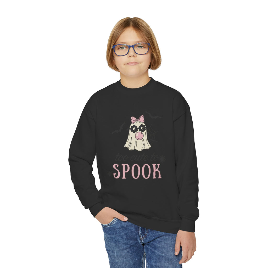 Youth Sweatshirt — "Too Cute to Spook" Halloween Ghost Crewneck