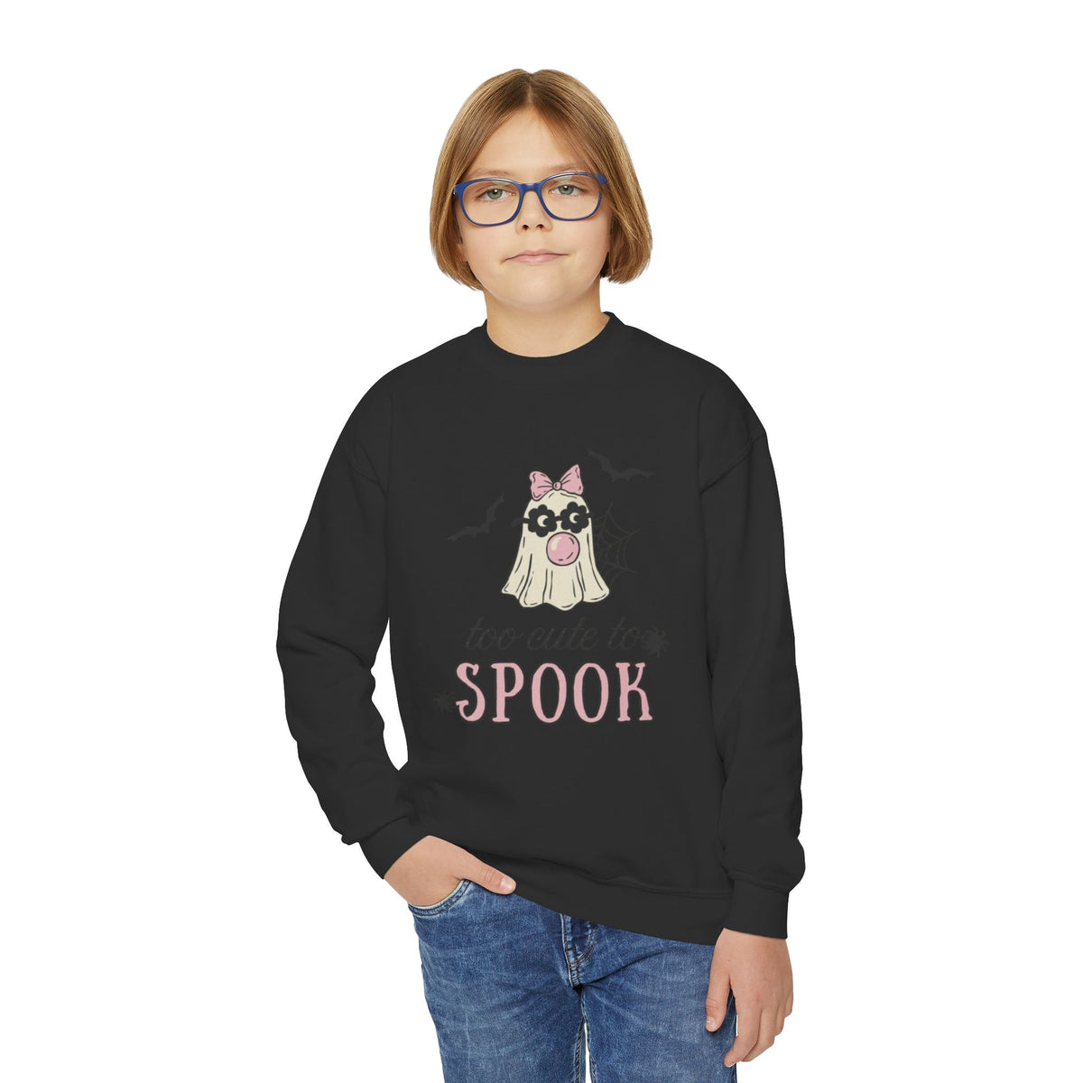 Youth Sweatshirt — "Too Cute to Spook" Halloween Ghost Crewneck