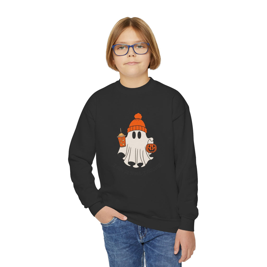 Youth Sweatshirt — Cute Ghost with Pumpkin & Pumpkin Spice ("I Am So Spook-Tacular")