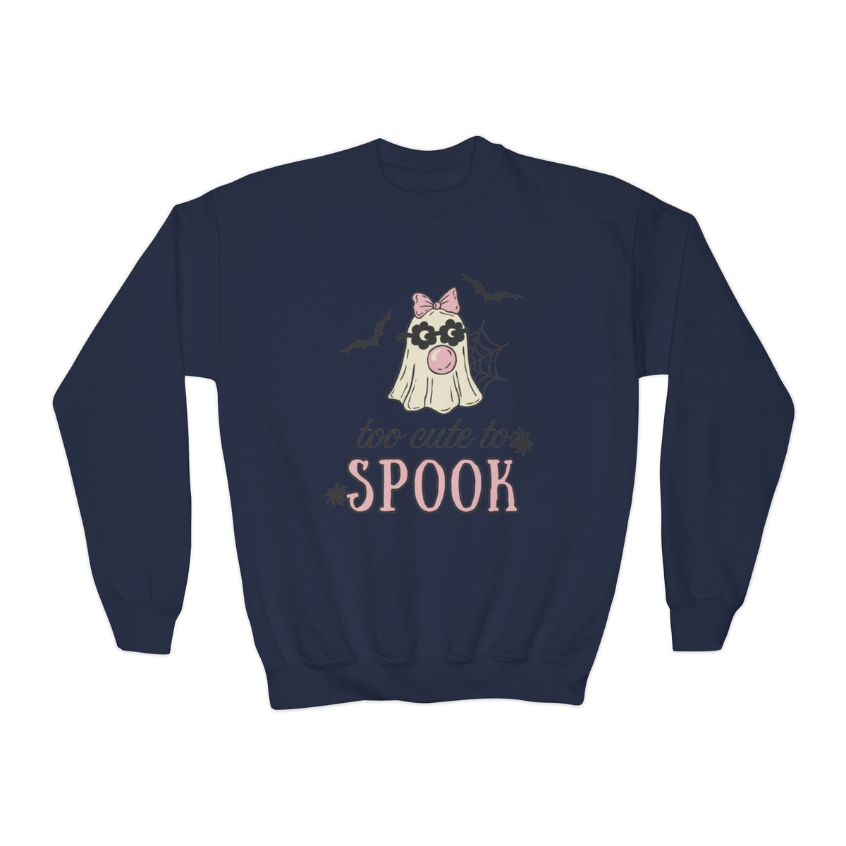 Youth Sweatshirt — "Too Cute to Spook" Halloween Ghost Crewneck