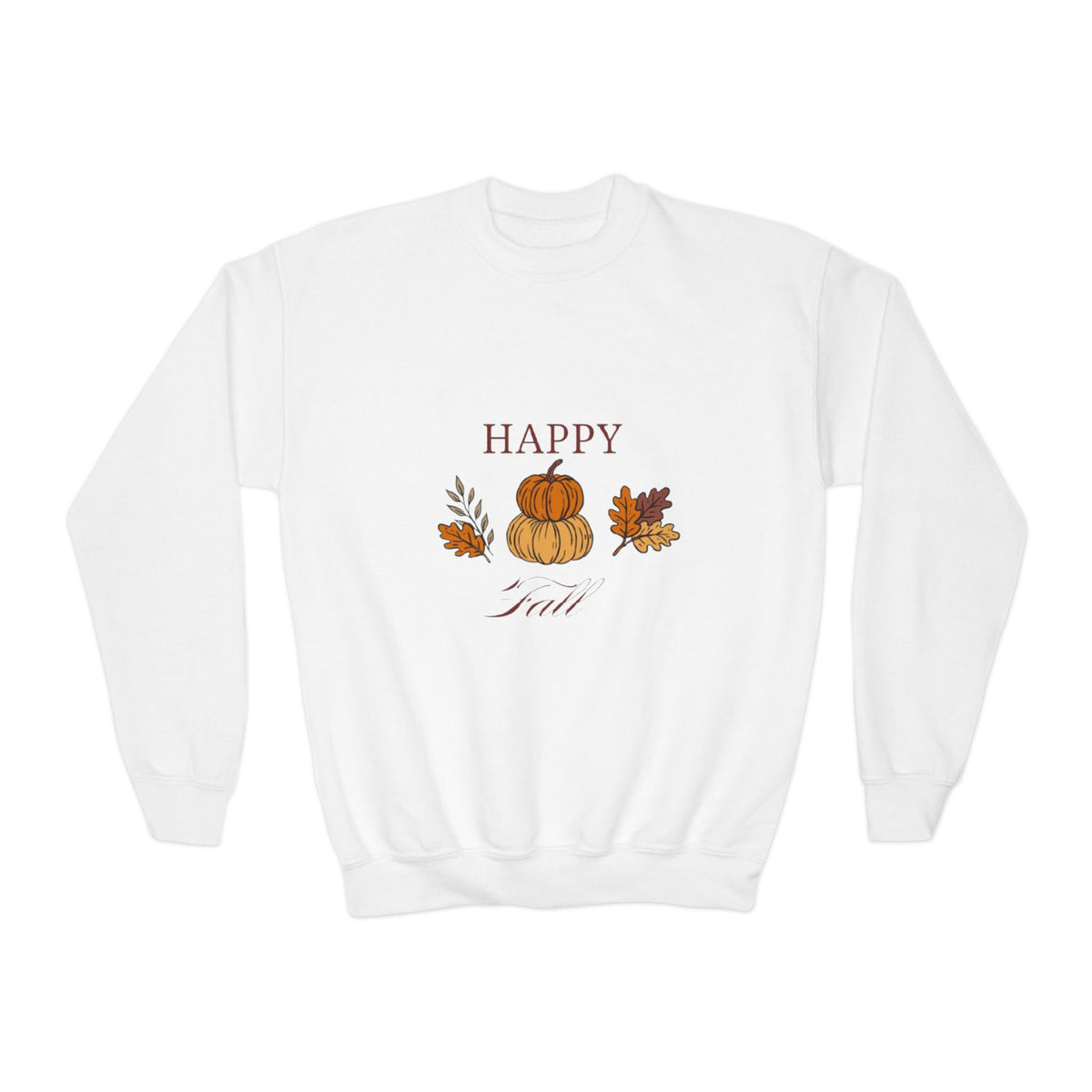 Youth Crewneck Sweatshirt — "Happy Fall" Pumpkin & Leaves Kids Sweatshirt