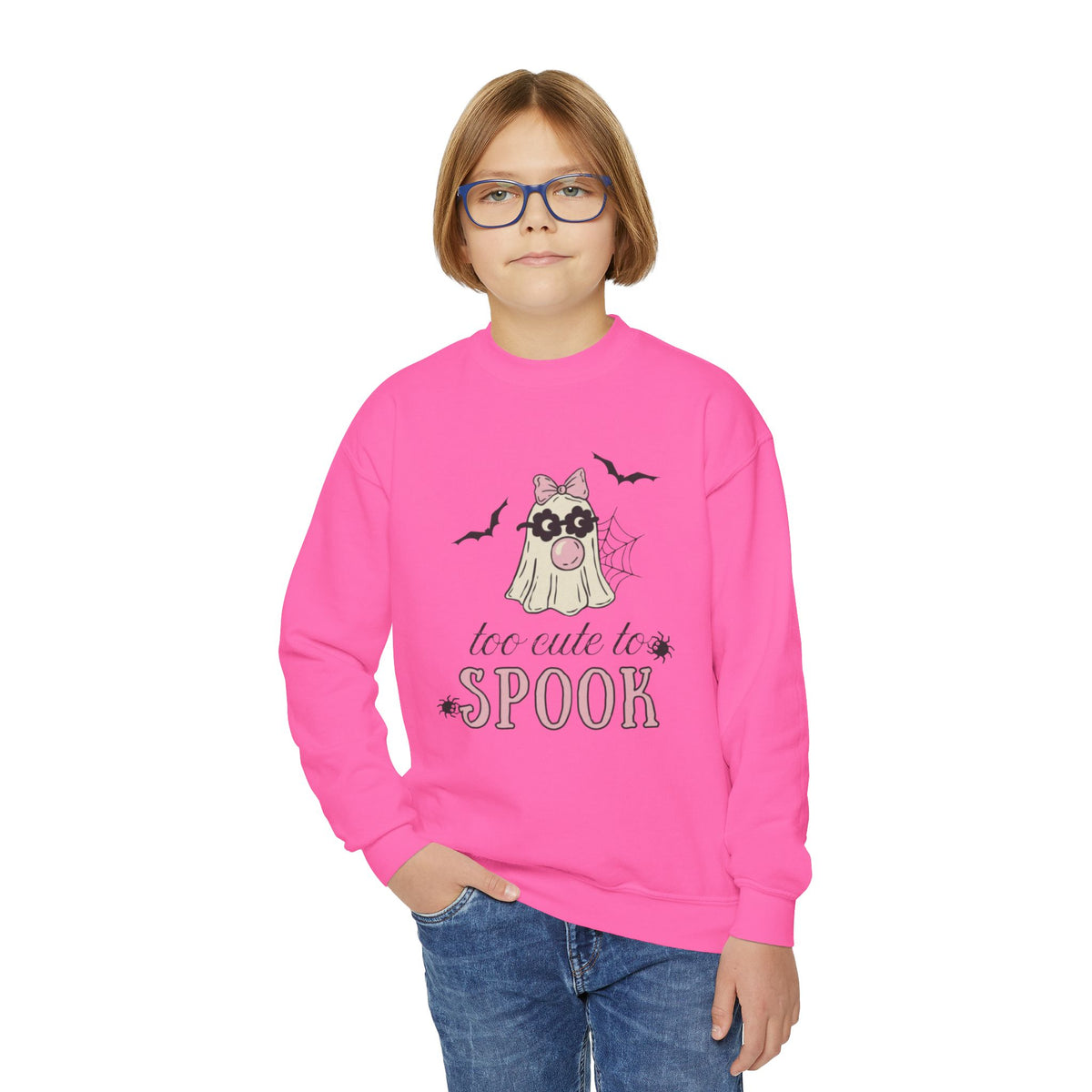 Youth Sweatshirt — "Too Cute to Spook" Halloween Ghost Crewneck