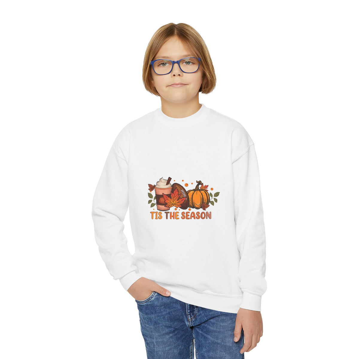 Youth Crewneck Sweatshirt — "Tis the Season" Pumpkin Fall Graphic
