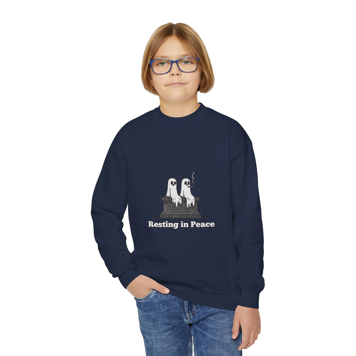 Youth Crewneck Sweatshirt — Cute Ghost Duo "Disturbing the Peace" Graphic