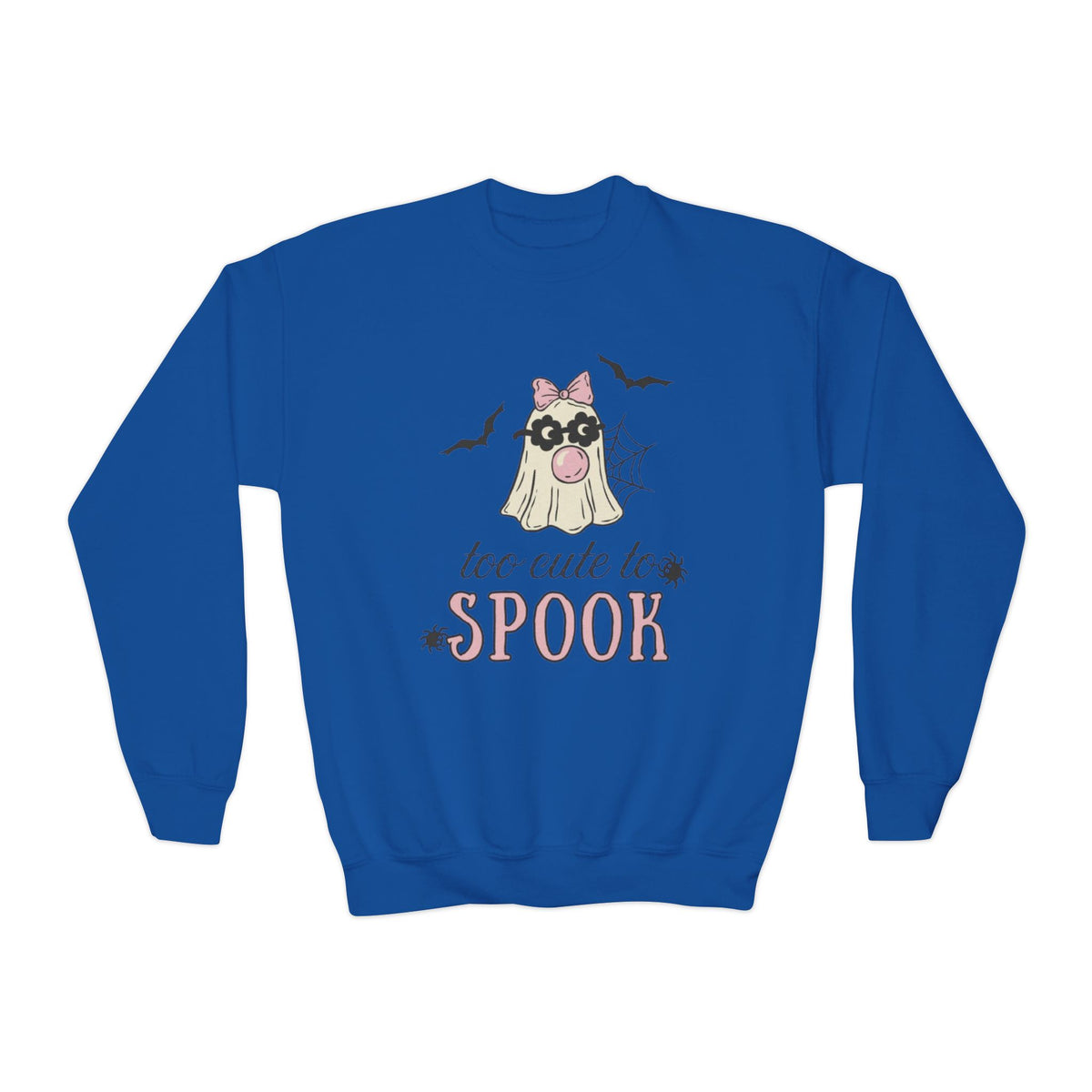 Youth Sweatshirt — "Too Cute to Spook" Halloween Ghost Crewneck