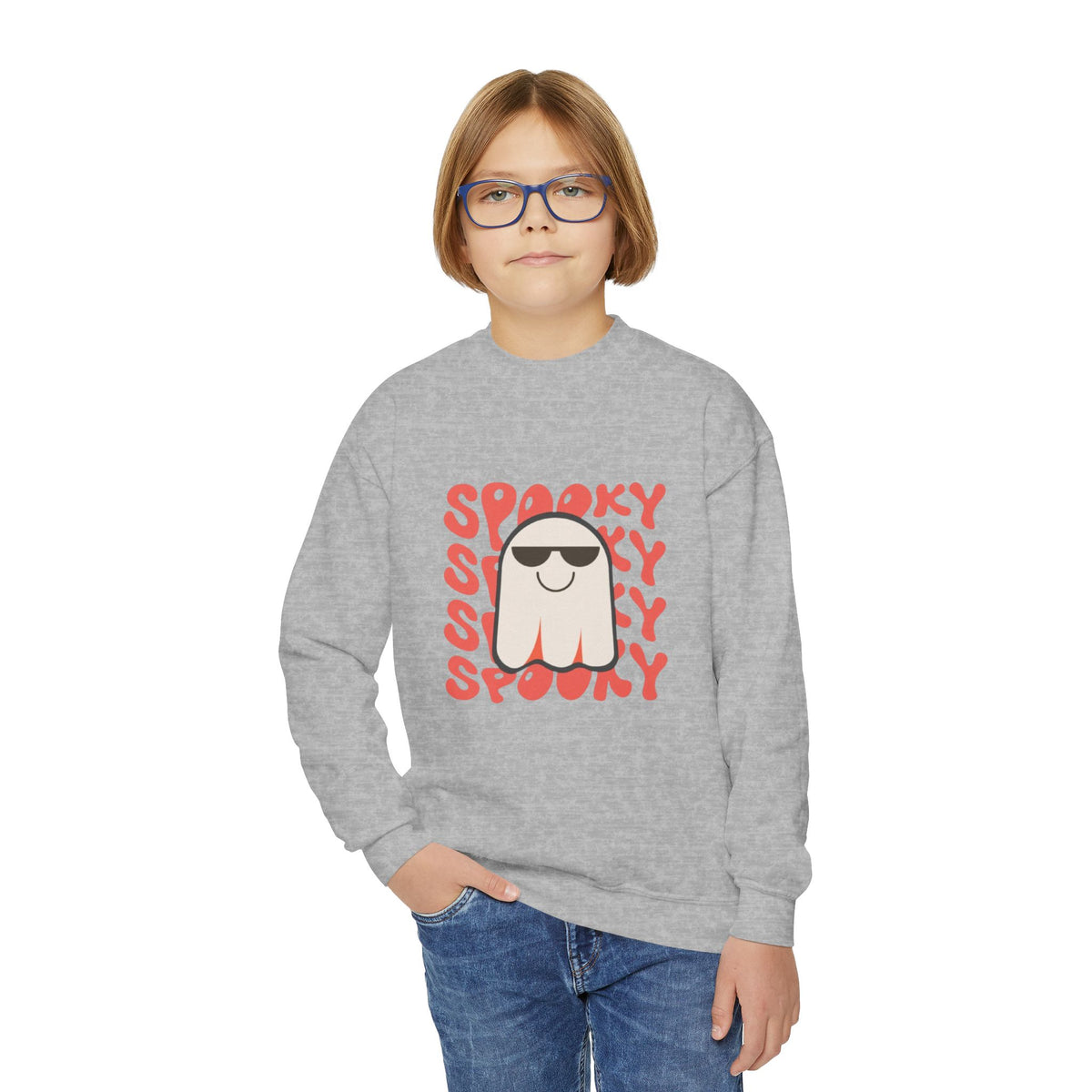 Youth Crewneck Sweatshirt — 'Spooky' Cool Ghost Kids Halloween Sweatshirt