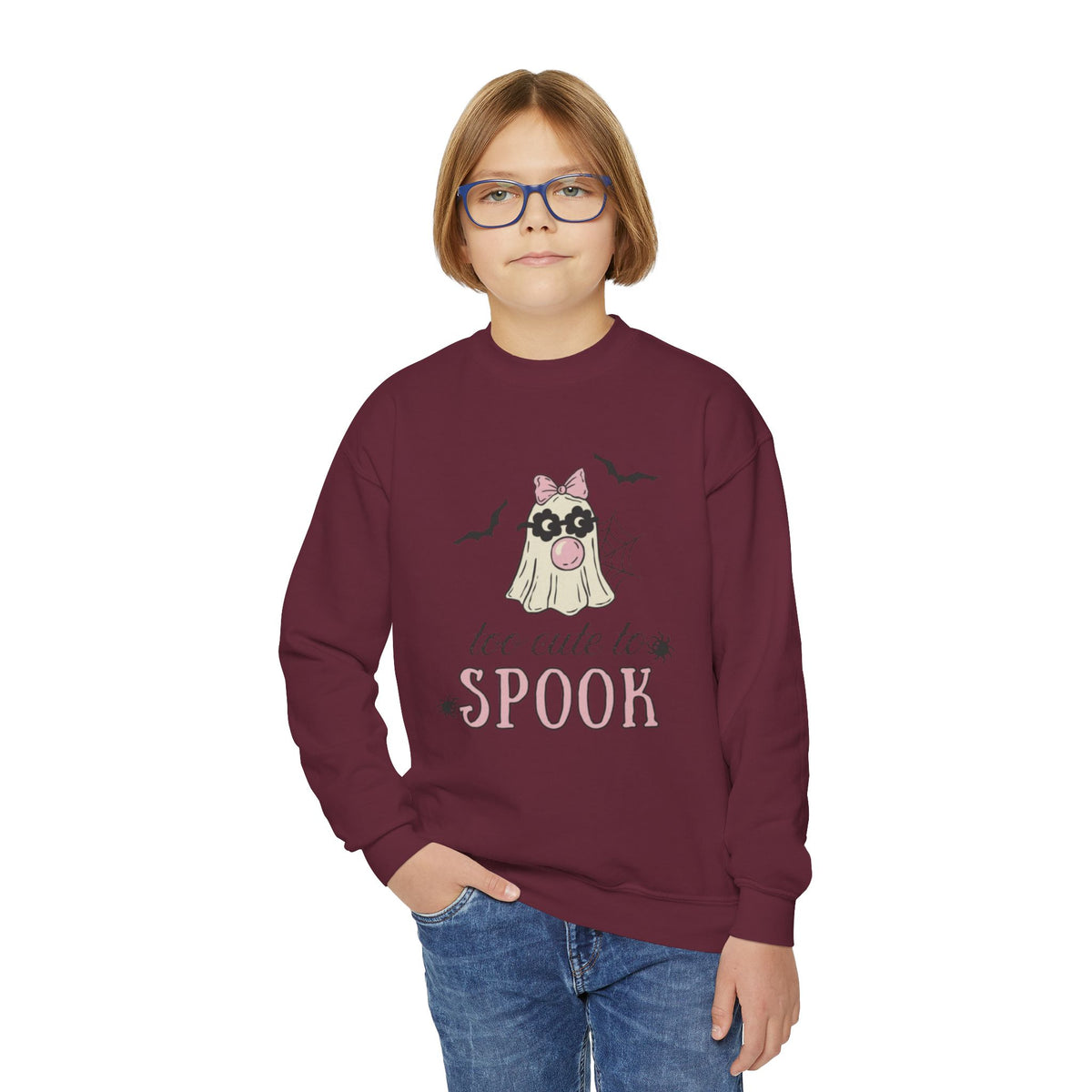 Youth Sweatshirt — "Too Cute to Spook" Halloween Ghost Crewneck