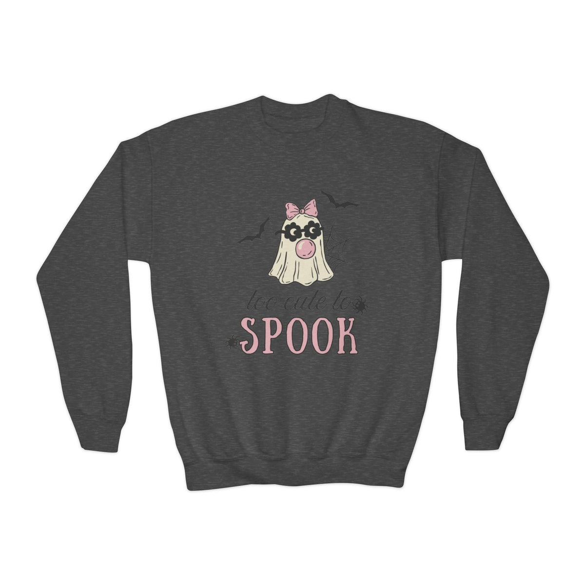 Youth Sweatshirt — "Too Cute to Spook" Halloween Ghost Crewneck