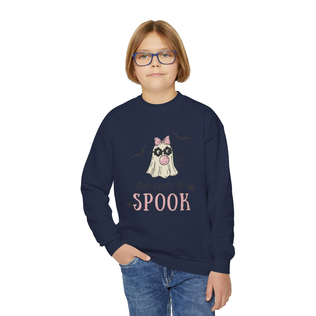 Youth Sweatshirt — "Too Cute to Spook" Halloween Ghost Crewneck