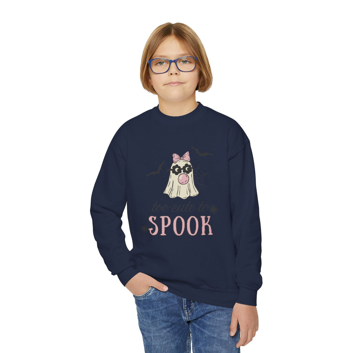 Youth Sweatshirt — "Too Cute to Spook" Halloween Ghost Crewneck