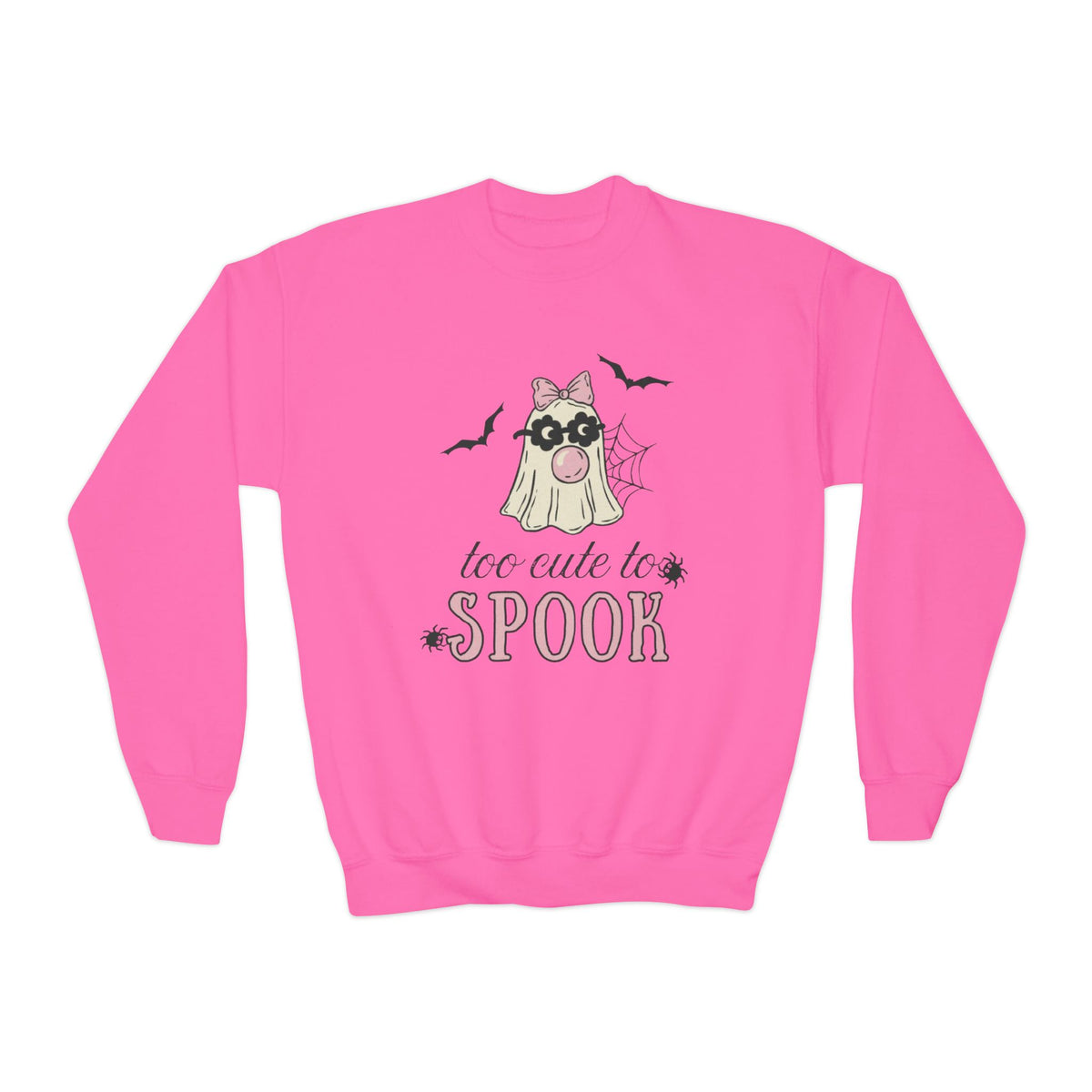 Youth Sweatshirt — "Too Cute to Spook" Halloween Ghost Crewneck