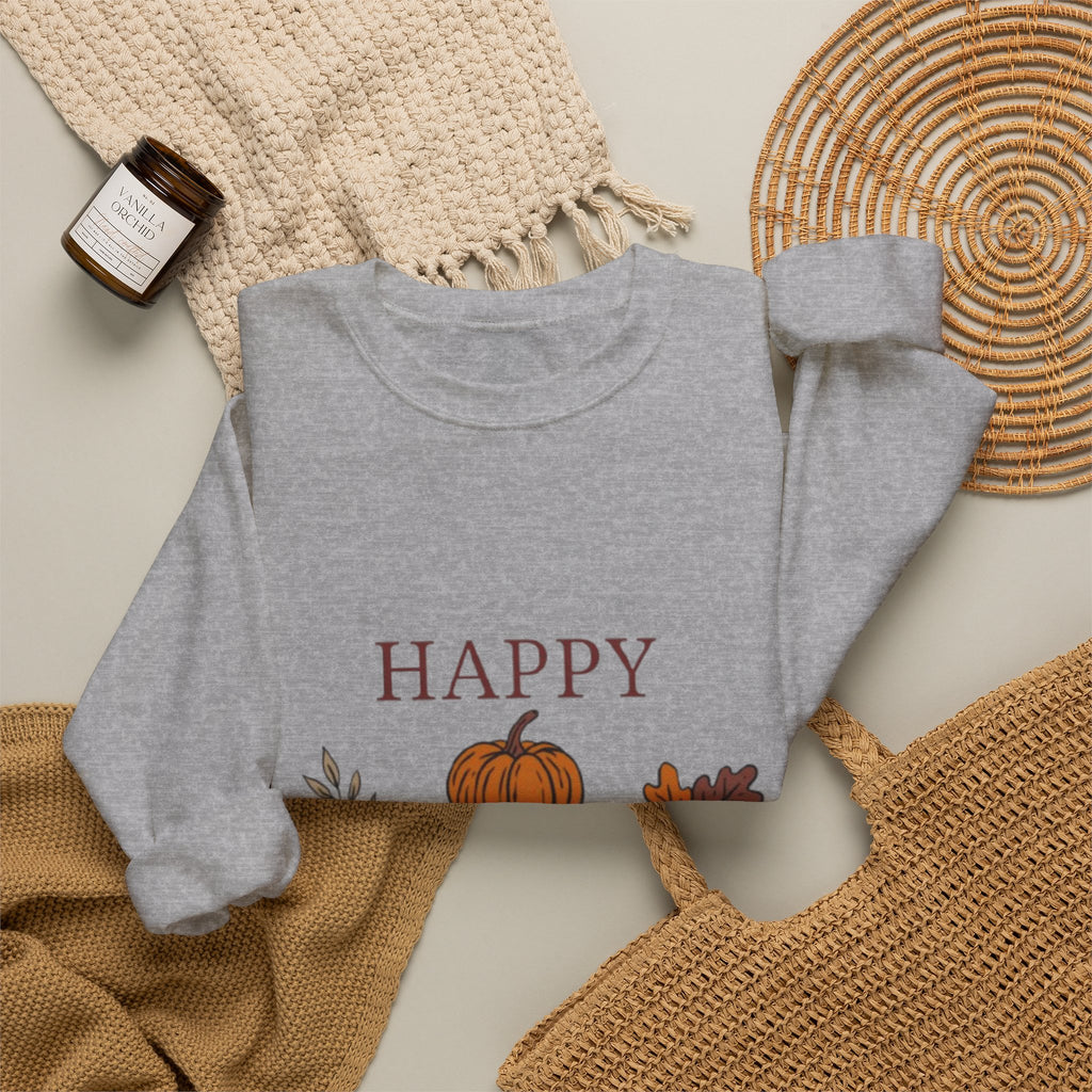Happy Fall Crewneck Sweatshirt — Cozy Pumpkin & Autumn Leaves Pullover