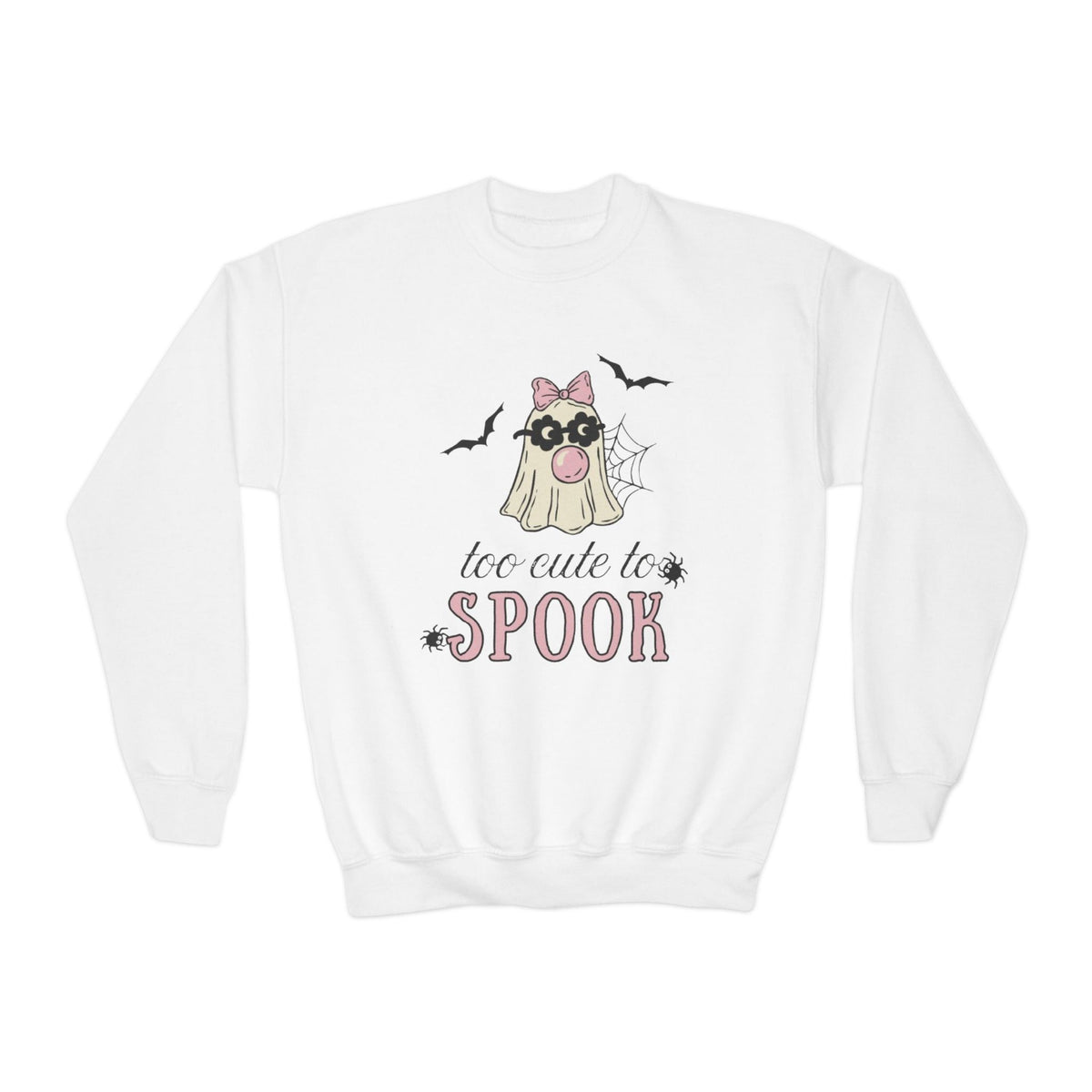 Youth Sweatshirt — "Too Cute to Spook" Halloween Ghost Crewneck