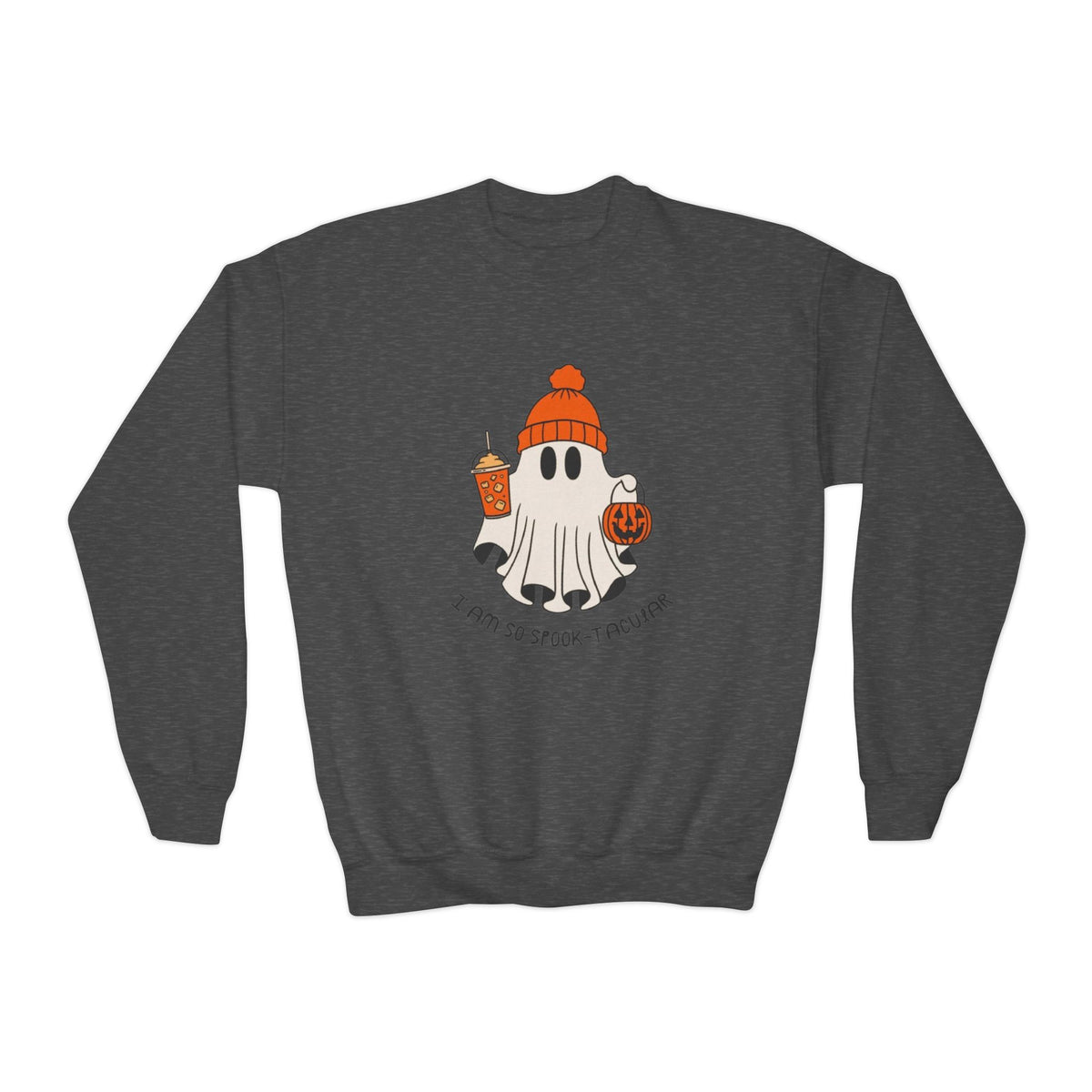 Youth Sweatshirt — Cute Ghost with Pumpkin & Pumpkin Spice ("I Am So Spook-Tacular")