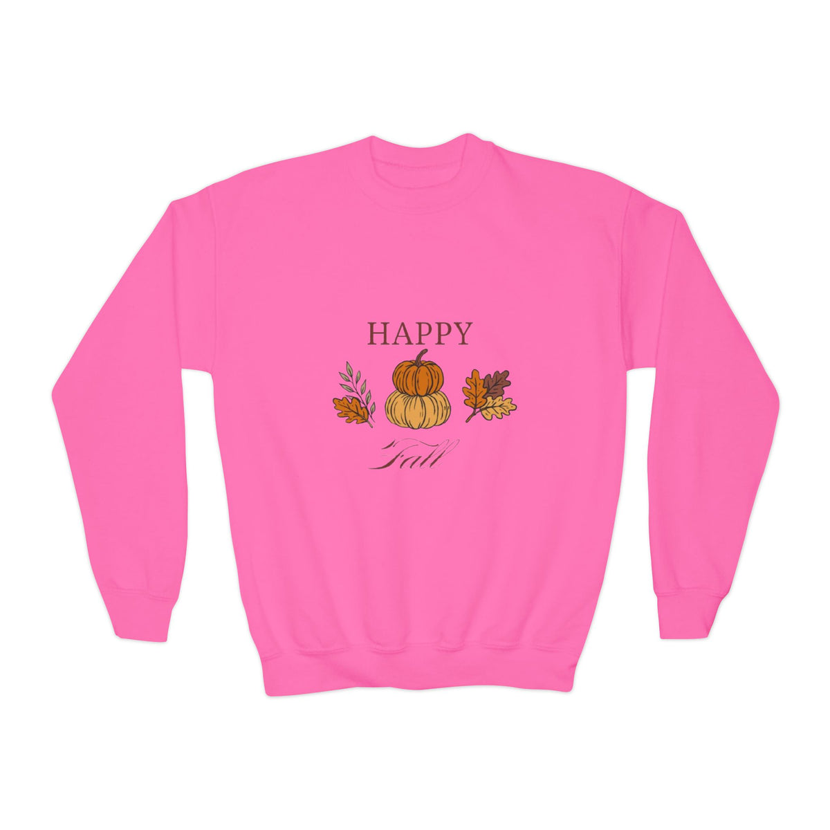 Youth Crewneck Sweatshirt — "Happy Fall" Pumpkin & Leaves Kids Sweatshirt