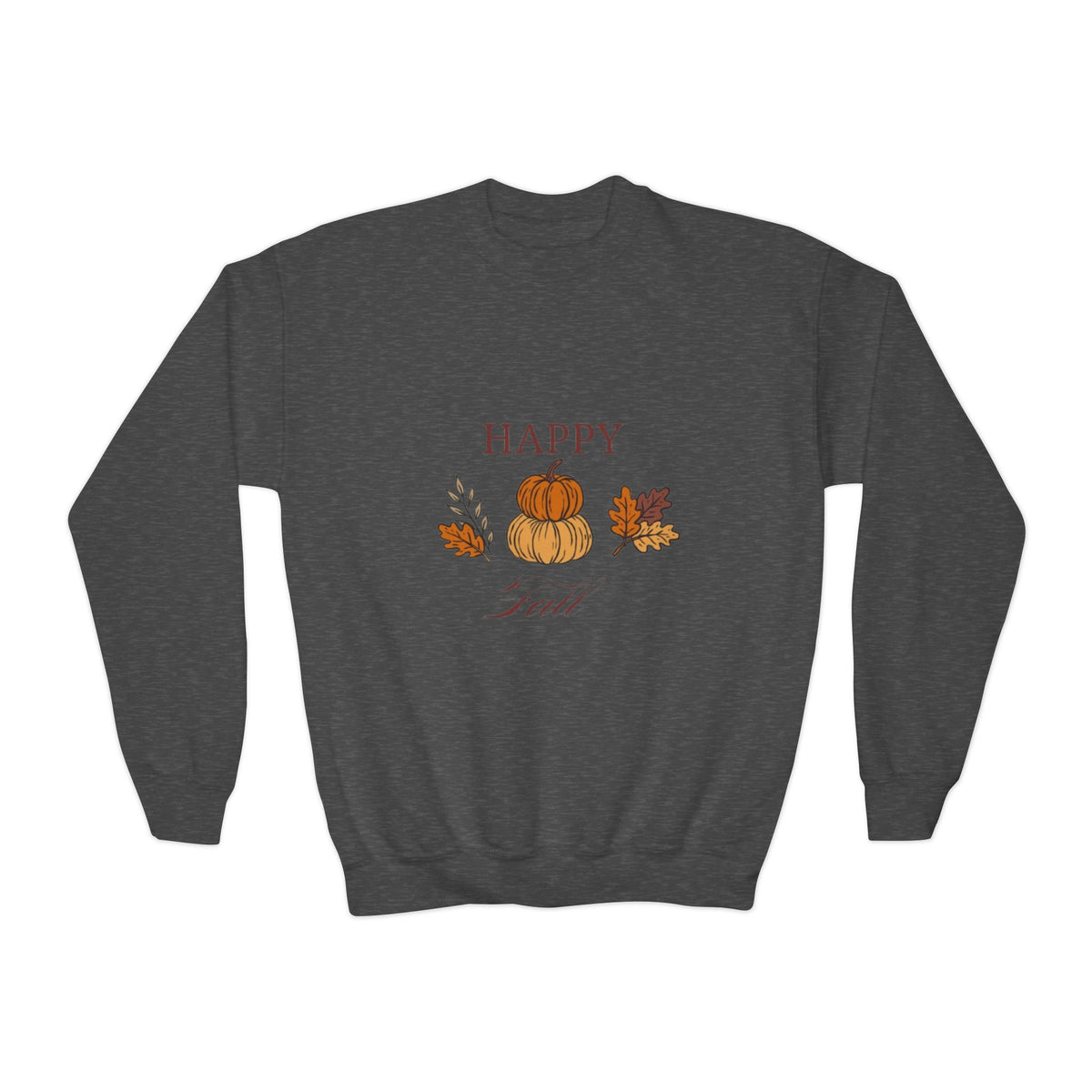 Youth Crewneck Sweatshirt — "Happy Fall" Pumpkin & Leaves Kids Sweatshirt