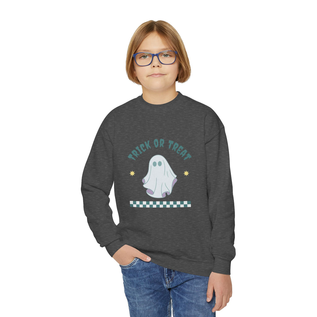 Youth Halloween Sweatshirt - 'Trick or Treat' Cute Ghost Crewneck
