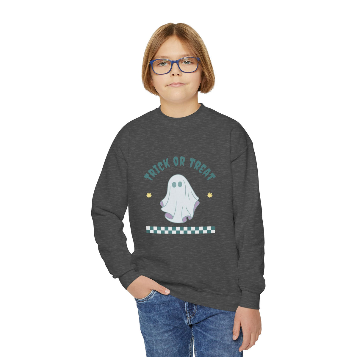 Youth Halloween Sweatshirt - 'Trick or Treat' Cute Ghost Crewneck